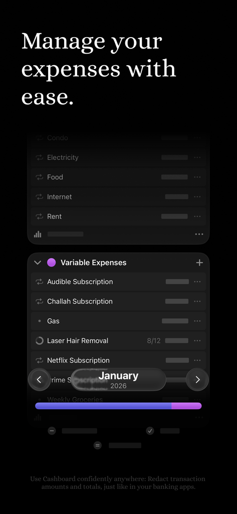 Cashboard Expense & Budget - Cashboard app interface displaying categorized monthly expenses and redacted amounts for privacy