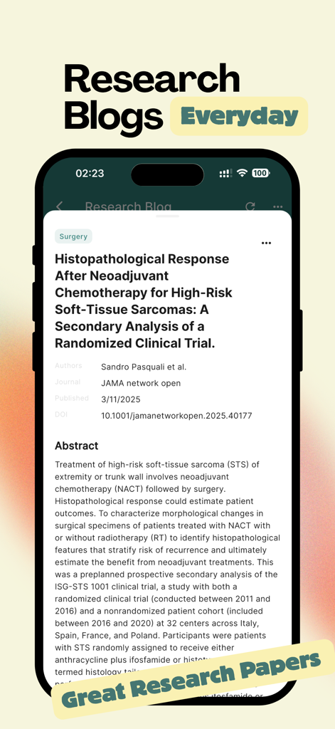 MedDose Pro - MCQs & Diseases - MedDose Pro app interface showing medical research papers and daily research blog updates.