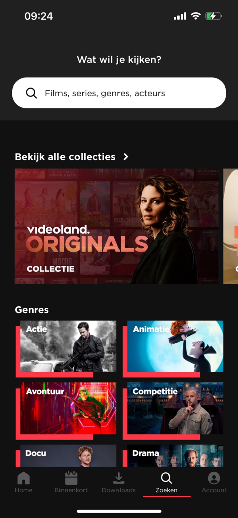 Videoland - Interface de busca do aplicativo Videoland exibindo coleções originais e gêneros de filmes.