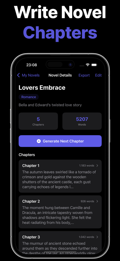 Story Generator: Novel AI - User interface of the Story Generator app showing a list of generated novel chapters