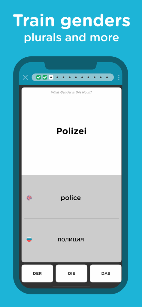 Seedlang app interface showing a German noun gender training exercise for the word Polizei with der die and das options