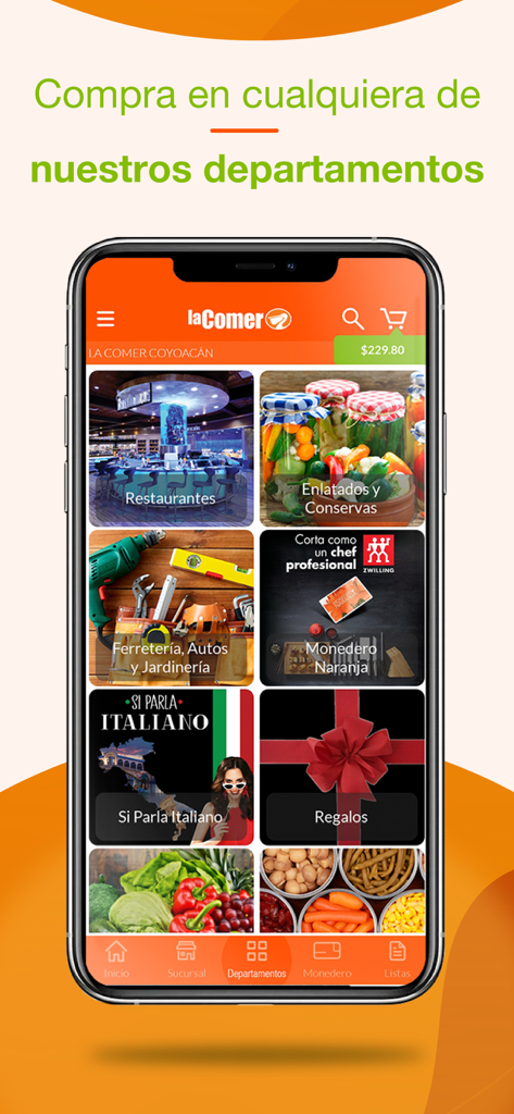 Pantalla de la app móvil La Comer mostrando departamentos de compra que incluyen conservas de restaurantes y productos frescos