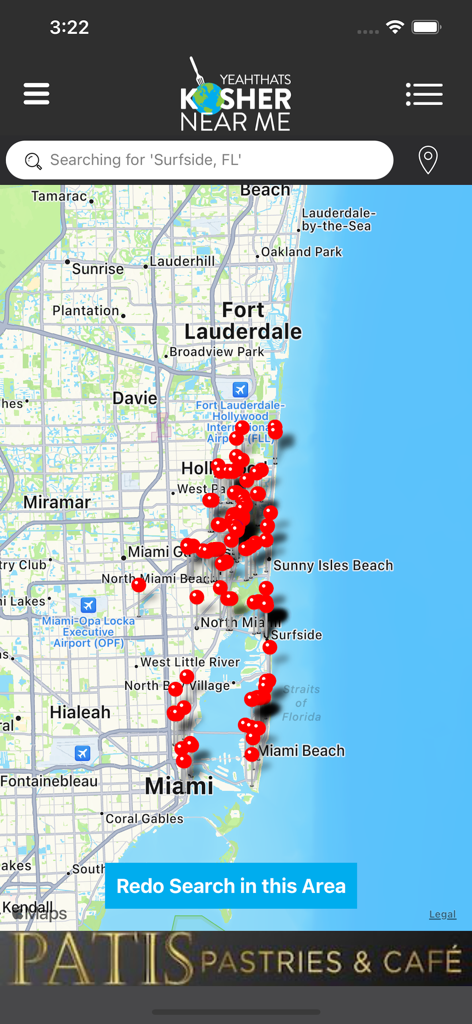 Kosher Near Me - Map view displaying numerous kosher restaurant locations in the Miami and Fort Lauderdale area