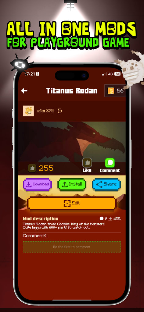 Interfaccia dell'app Pure Mods per Melon Playground che mostra una mod di creature con pulsanti di modifica e installazione