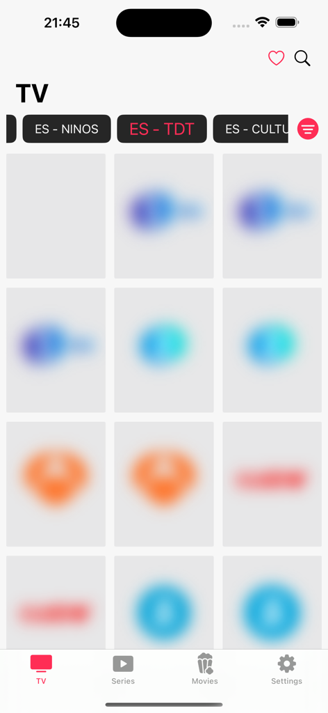 DC Player - DC Player app interface showing live TV channel categories and grid layout
