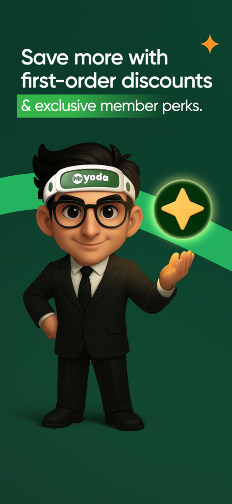 Mr. Yoda - Mascot of Mr. Yoda app highlighting first order discounts and member perks