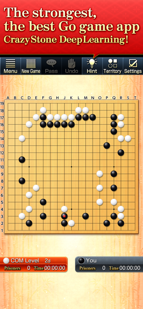 Gameplay screen of CrazyStone DeepLearning showing a 19x19 Go board match against a level 2d AI