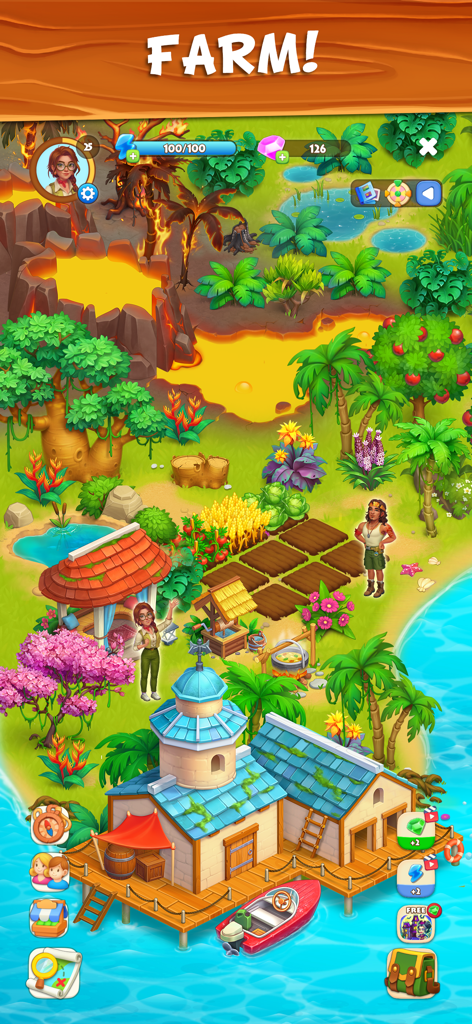 Lost Island Family Farm gameplay showing a tropical island with a waterfront villa and a volcano
