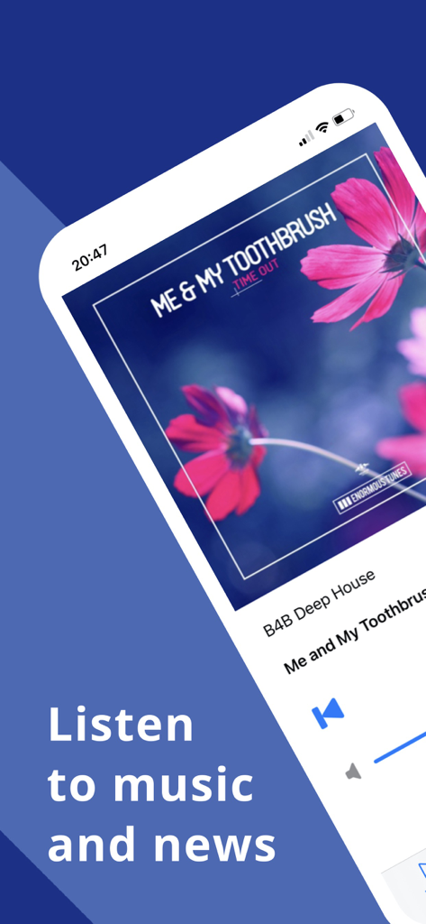 Smartphone screen showing the Internet Radio Web Tuner app playing music with album art and playback controls