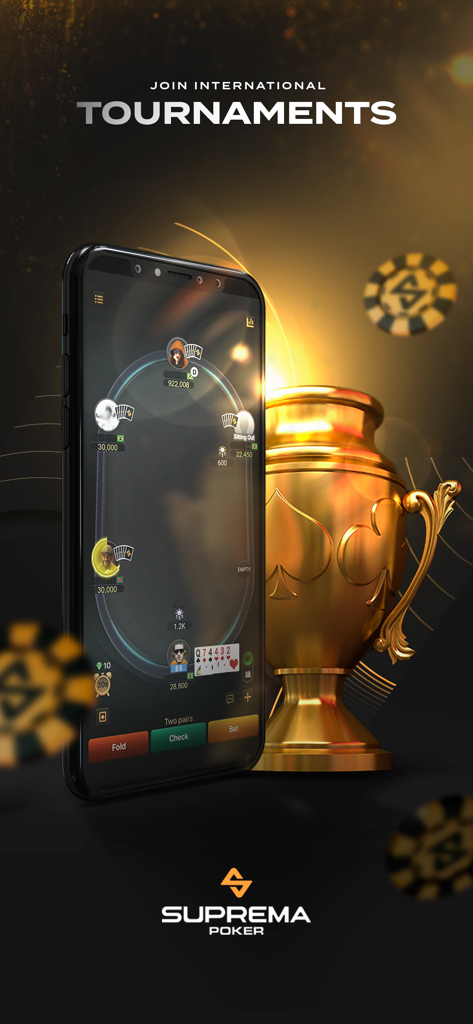 大きな金色のトロフィーの隣に表示されたSuprema Pokerゲームのスマートフォン
