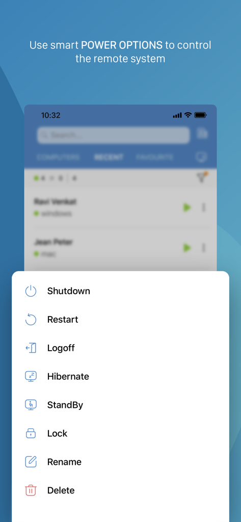Zoho Assist - Remote Desktop - Zoho Assist mobile app showing remote system power options like shutdown and restart