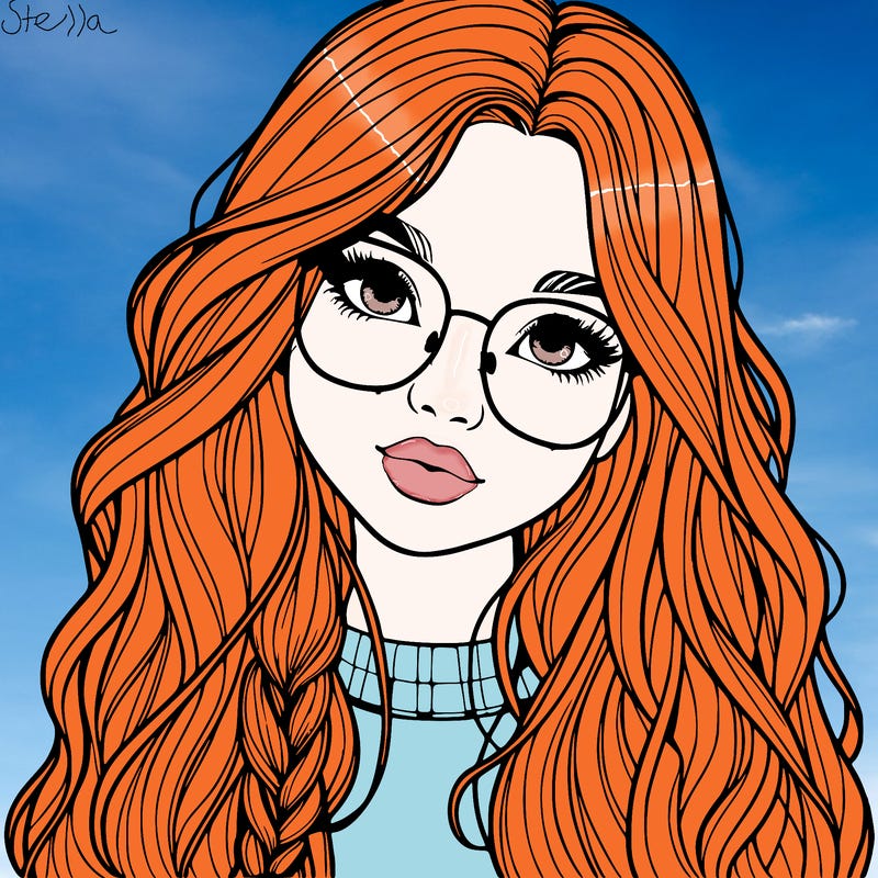 girl with long hair and freckles and glasses realistic