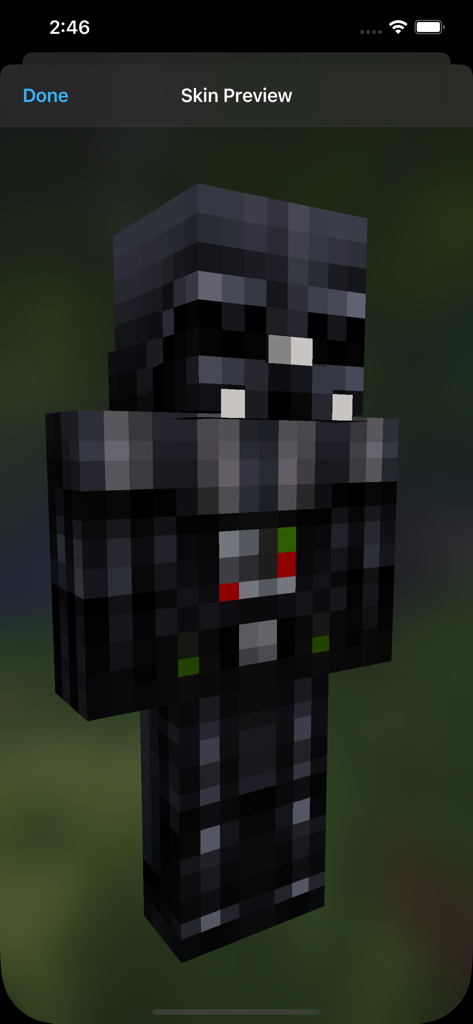 3D-Vorschau eines benutzerdefinierten Darth-Vader-Skins in der Minecraft Skin Creator App