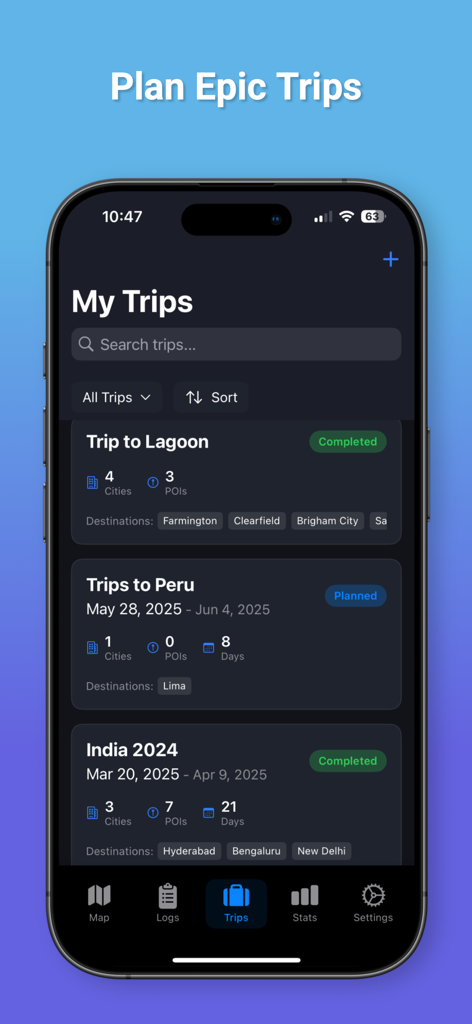 TrekPins - TrekPinsアプリには、旅行の詳細が表示された計画中および完了済みの旅行日程リストが表示されます。