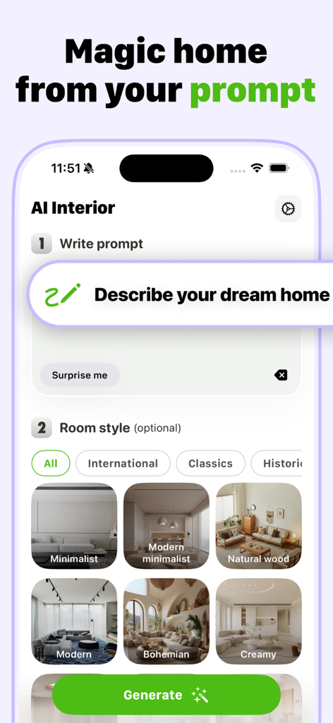 AI Kitchen Design - KitAI - AIインテリアデザインアプリのインターフェース。ミニマリストやボヘミアンなどのテキストプロンプト入力と部屋のスタイル選択オプションを表示
