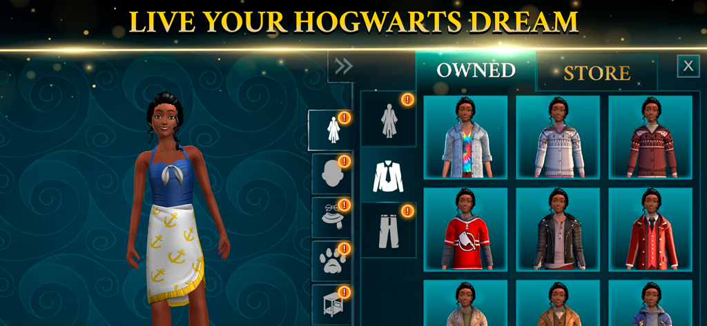 Harry Potter: Hogwarts Mystery - ハリー・ポッター：ホグワーツの謎のキャラクターカスタマイズ画面で、プレイヤーのアバターの異なる服装の選択肢が表示されている様子
