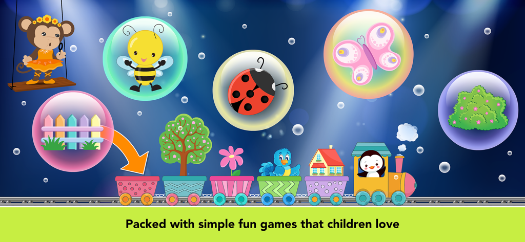 Baby games for one year olds. - Educational toddler game screen with a colorful train and nature bubbles