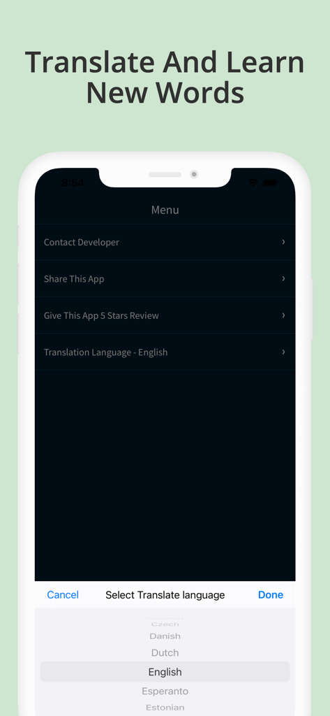 Japanese Reading & Audio Books - Menu screen for selecting translation language in a Japanese reading app