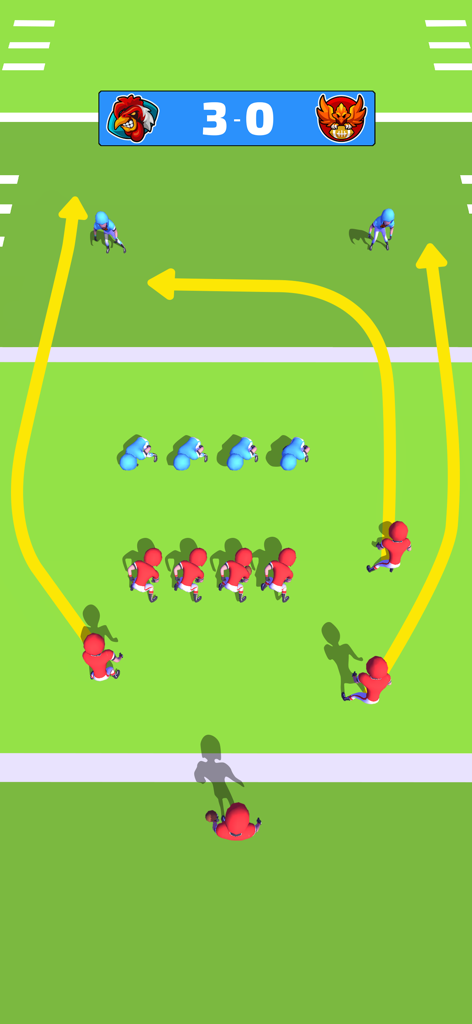 Vista de cima para baixo da jogabilidade de futebol mostrando rotas de passe do jogador e placar no Touchdown Glory 3D