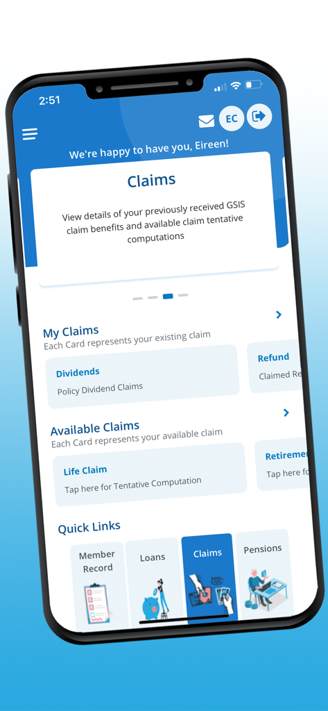 GSIS Touch - Interfaz de la aplicación móvil GSIS Touch para rastrear reclamaciones de seguro y dividendos.
