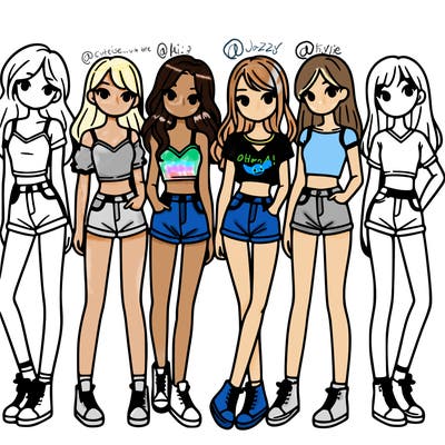 a group of girls wearing crop tops and shorts