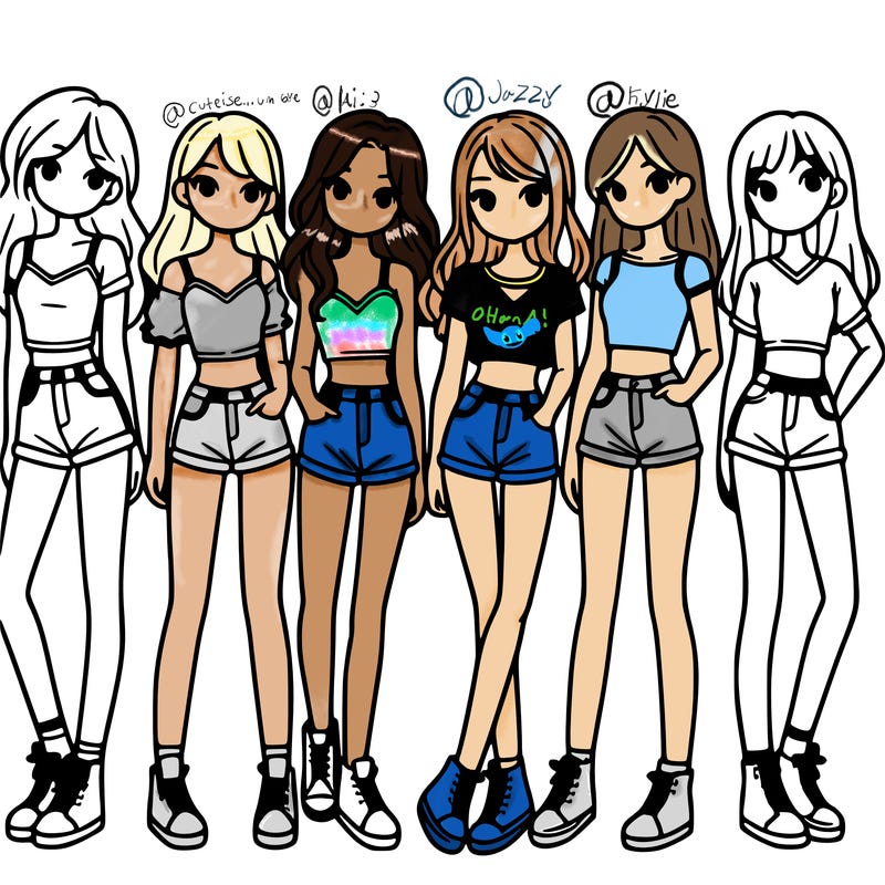 a group of girls wearing crop tops and shorts