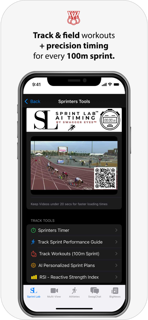 Swagger Eyes: SprintTimer - Swagger Eyes app interface showing sprinters tools and AI timing for track and field workouts.
