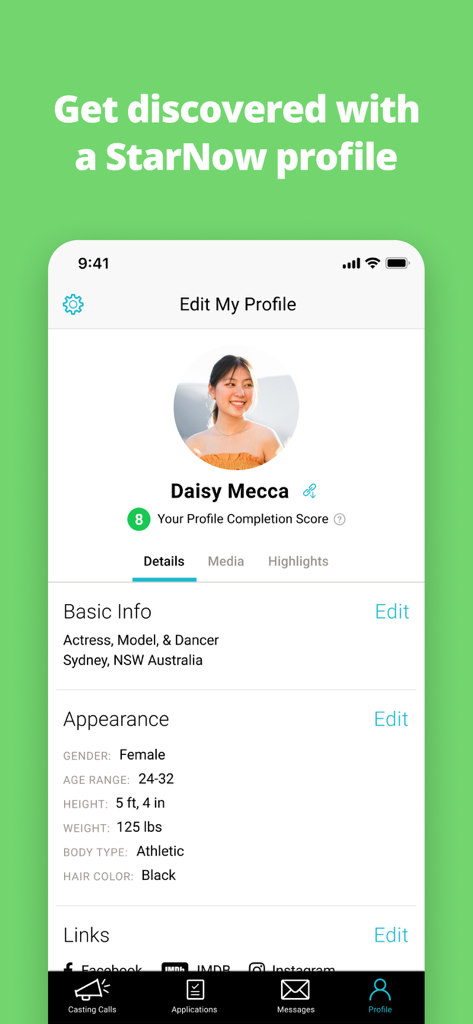 StarNow Audition Finder - StarNow app user profile edit screen displaying professional talent details and appearance information for an actress and model