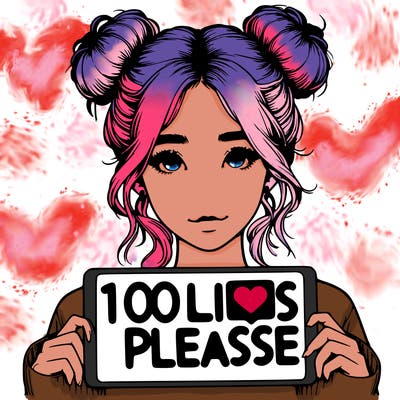 realistic girl with buns in her hair with a sign that says 100 likes please