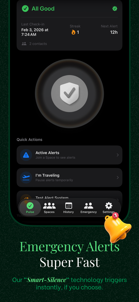 Pulse safety app dashboard showing All Good check-in status and emergency alert options