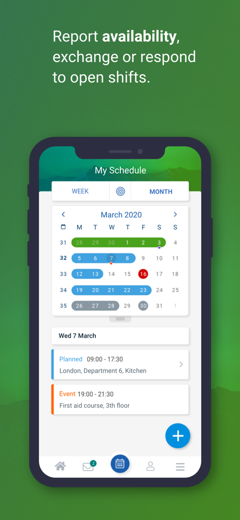 Dyflexis - Dyflexis app interface showing a monthly work schedule with shift details and availability status
