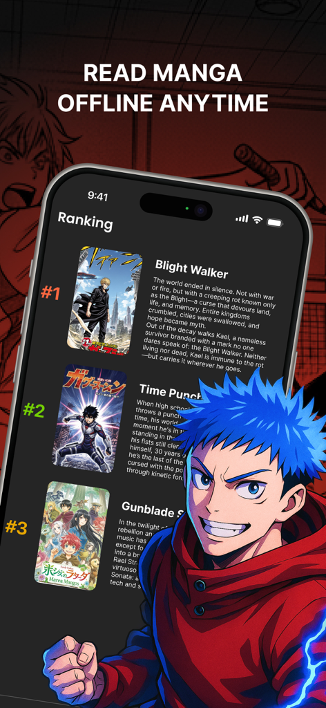 Manga Reader Infinity - Écran de classement de l'application Manga Reader Infinity avec des titres de mangas populaires pour la lecture hors ligne