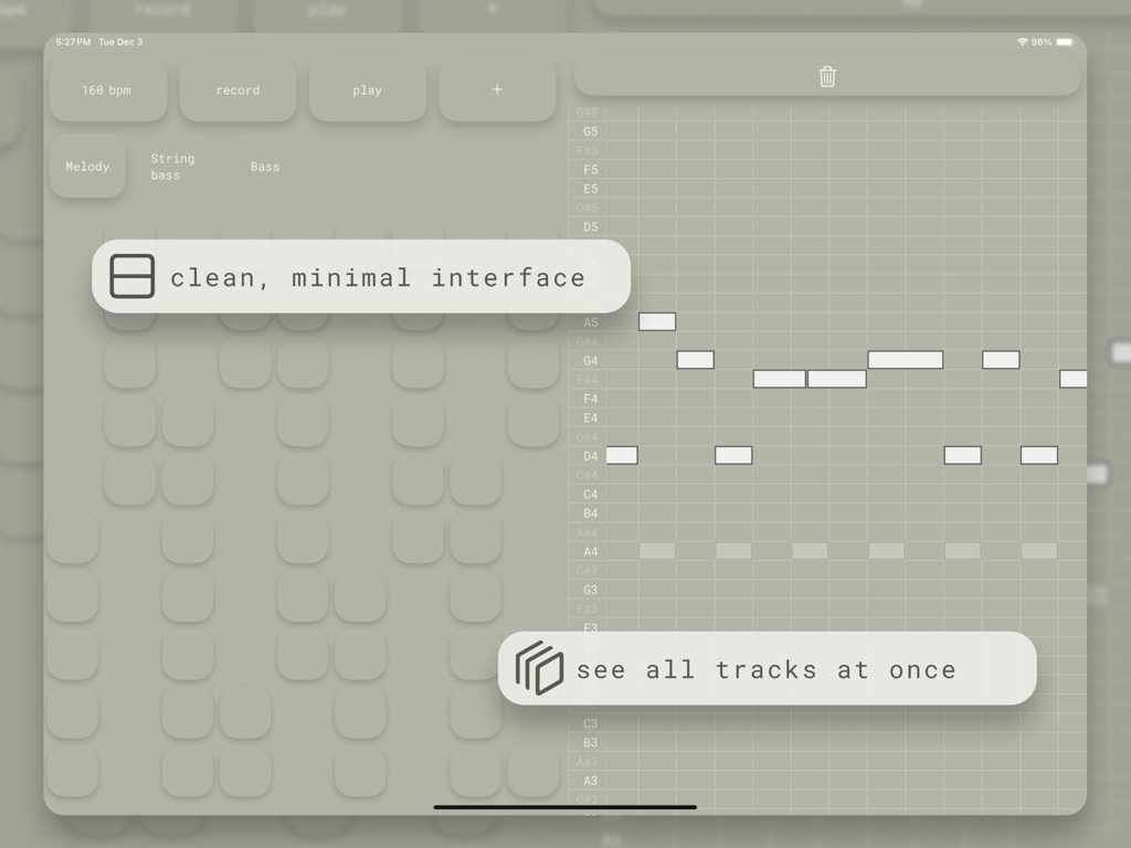 Interfaz de la app de composición MIDI minimalista PadLab en iPad con piano roll y pads de interpretación