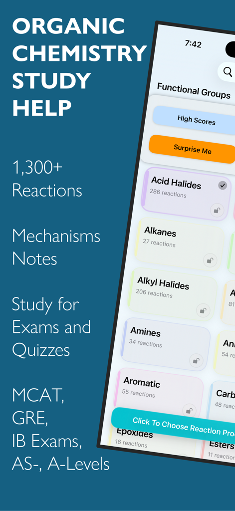 Organic Chemistry Study Help - 有機化学学習サポートアプリのインターフェースで、アルカンやアミンなどの官能基のメニューが表示されている様子
