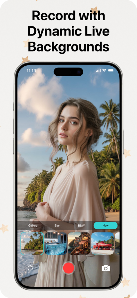 Video Background Changer - A smartphone screen showing the Video Background Changer app with a woman recording a video against a live tropical beach background.