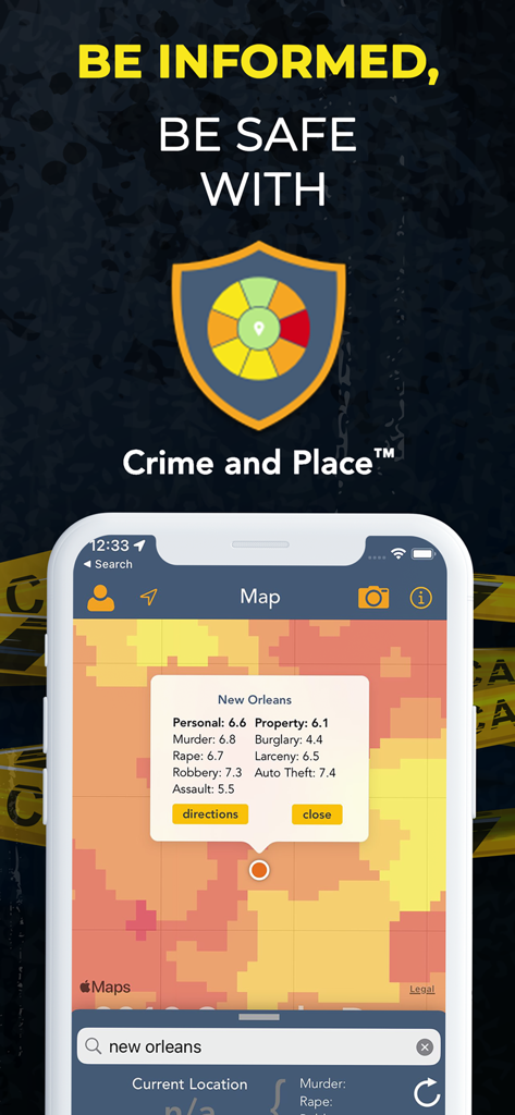Crime and Place: Stats & Map - Crime and Place app interface showing a color coded crime map and statistics for New Orleans