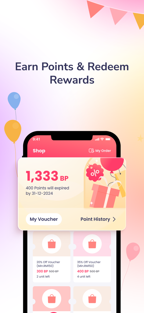 Pantalla móvil de la aplicación Flabee Care que muestra el saldo de puntos de fidelidad y los cupones de descuento para artículos esenciales para bebés.