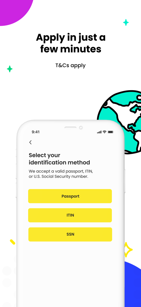Seis: Cash Advance - Pantalla que muestra las opciones de identificación para la app Seis, incluyendo Pasaporte, ITIN y SSN