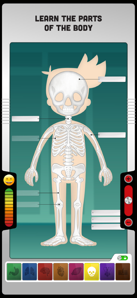 The Human Body: Learn Anatomy - A screenshot of the skeletal system interface in The Human Body Learn Anatomy app showing a cartoon character with bones visible and labels.