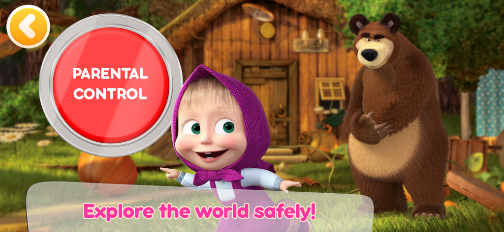 Un botón de control parental en la aplicación Juegos Infantiles de Masha y el Oso con los personajes de Masha y el Oso.