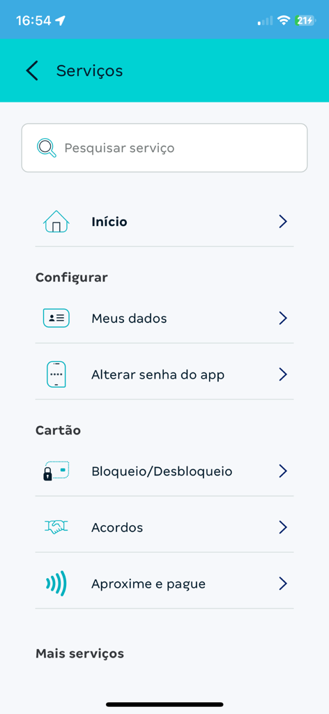 Credz - App - Credz app services screen showing card management and account settings.