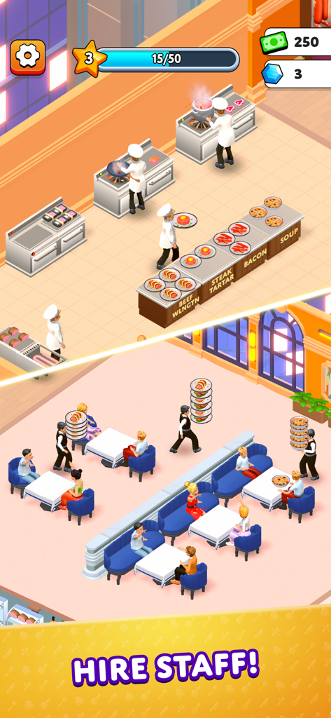 Chefs cooking in a kitchen and waiters serving customers in a restaurant simulation game