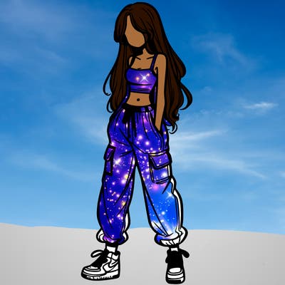 girl in baggy pants crop top and long hair