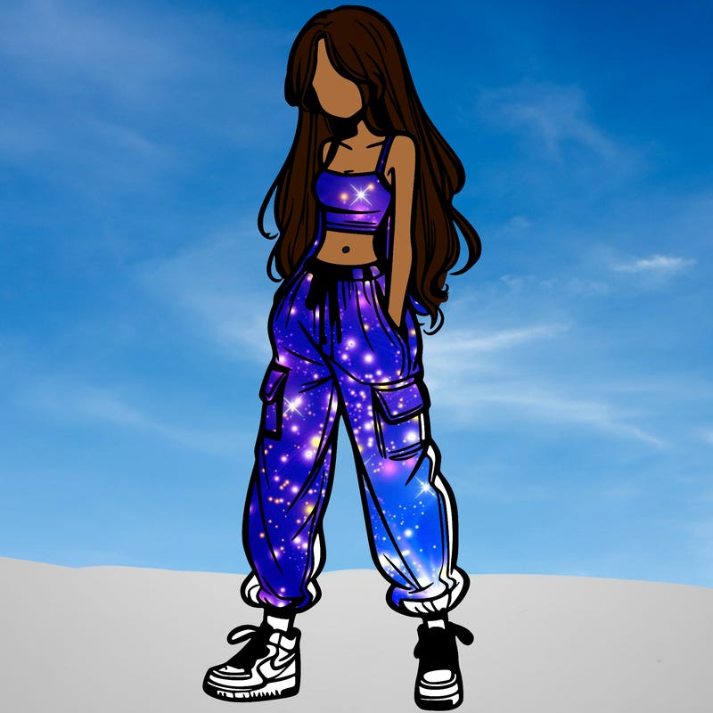 girl in baggy pants crop top and long hair