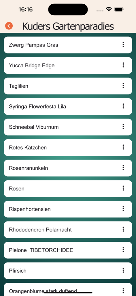 Eine Liste verschiedener Pflanzenarten und Gartenprodukte, die in der Kuders Gartenparadies App verfügbar sind.