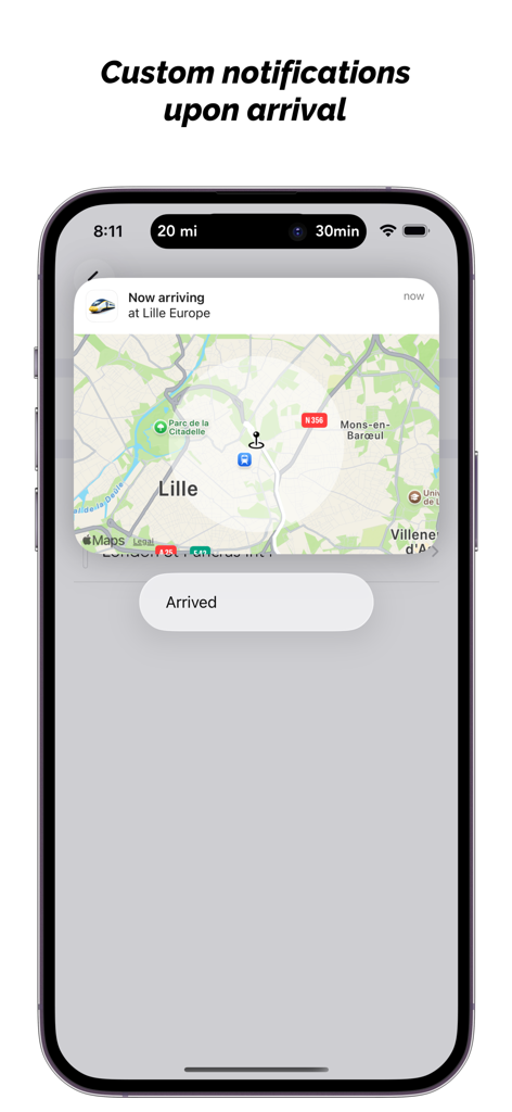 Eurostar Destinations - Notification iPhone pour l'application Eurostar Destinations indiquant l'arrivée à la gare de Lille Europe avec une carte