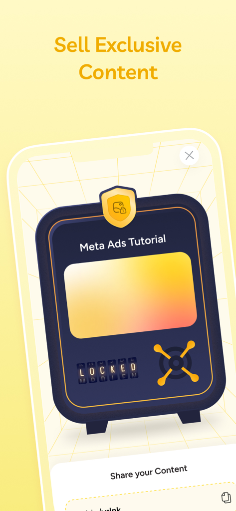 OpeninApp mobile interface showing the feature to sell exclusive content with a locked safe graphic for a Meta Ads Tutorial.