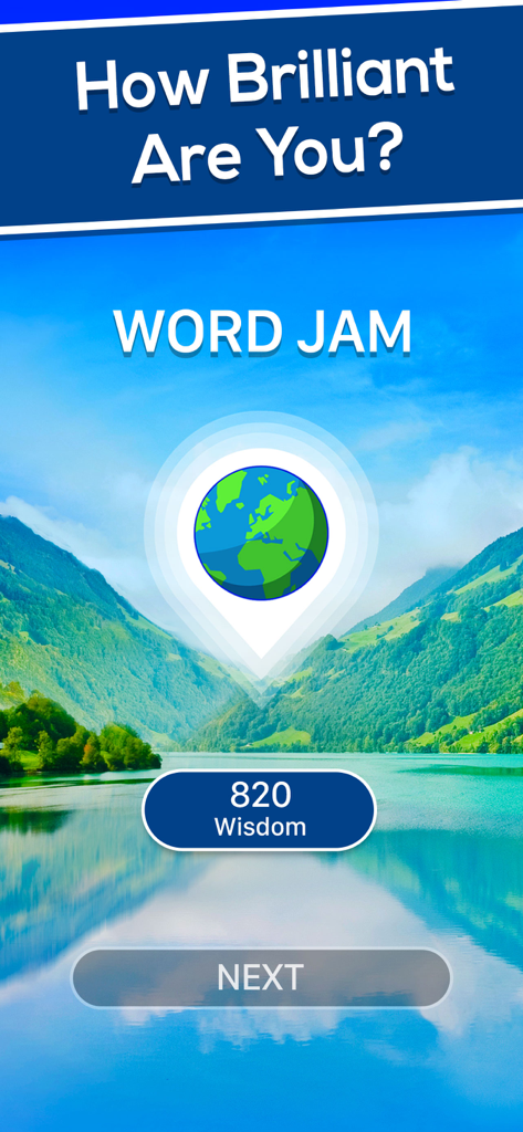 Crossword Jam: Fun Word Search - Crossword Jam app interface displaying a wisdom score of 820 over a serene mountain lake background
