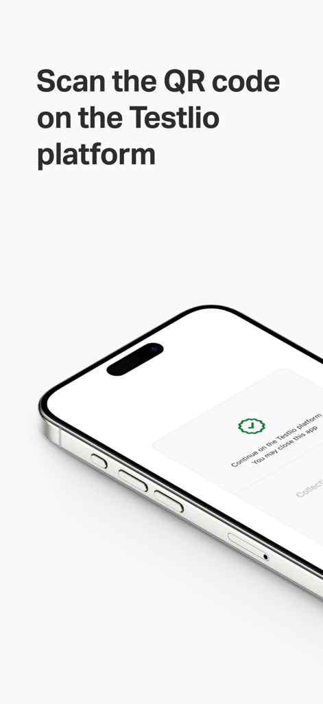 Testlio Verification - Testlio認証アプリ画面で、プラットフォーム上のQRコードをスキャンする手順が表示されています