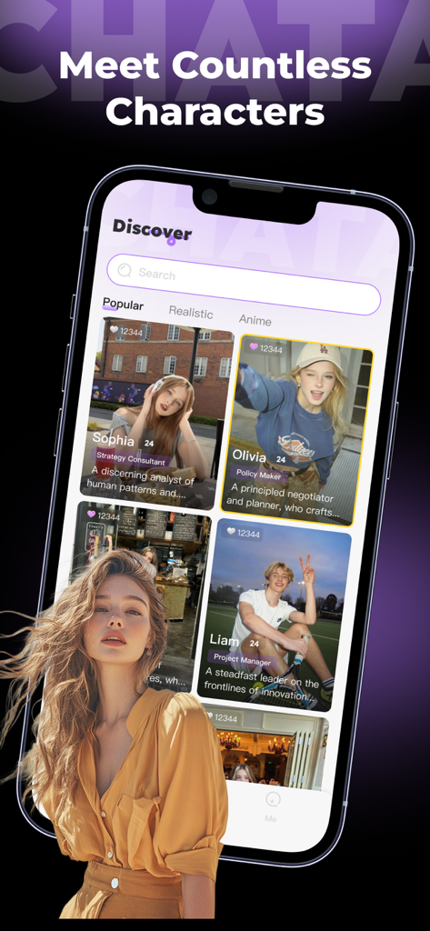 Chata-Fantasy AI Roleplay - A mobile app interface showing a discovery page with various AI character cards for fantasy roleplay.